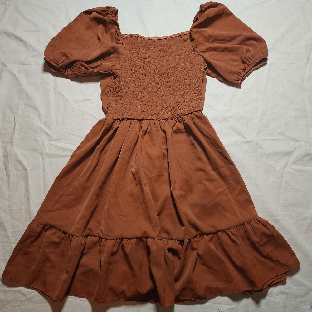 SHEIN Dress Women's XS Brown Midi Short Puffed Sleeve Square Neck Mini Dress